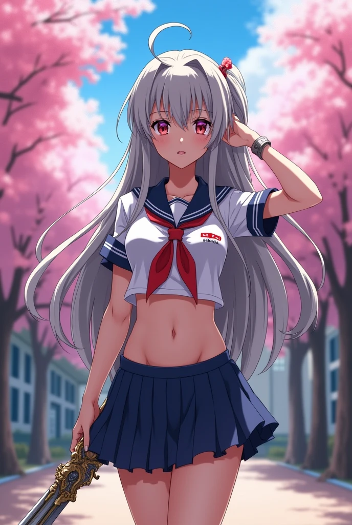 A sexy beautiful student girl,weapon in hand, big breasts, grey hair colours,sexy japan uniform school, mini skirt, show stomach
