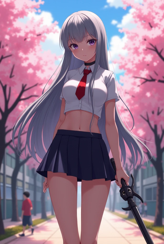 A sexy beautiful student girl,weapon in hand, big breasts, grey hair colours,sexy japan uniform school, mini skirt, show stomach