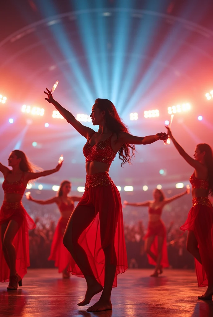 multi angle,realistic,8k,Beautiful multiple asian dance team girls, rock dancers estilo love dance team live, dancing and singing for her fans at the stadium
