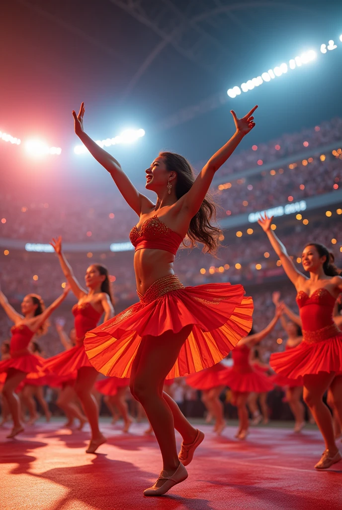 multi angle,realistic,8k,Beautiful multiple asian dance team girls, rock dancers estilo love dance team live, dancing and singing for her fans at the stadium