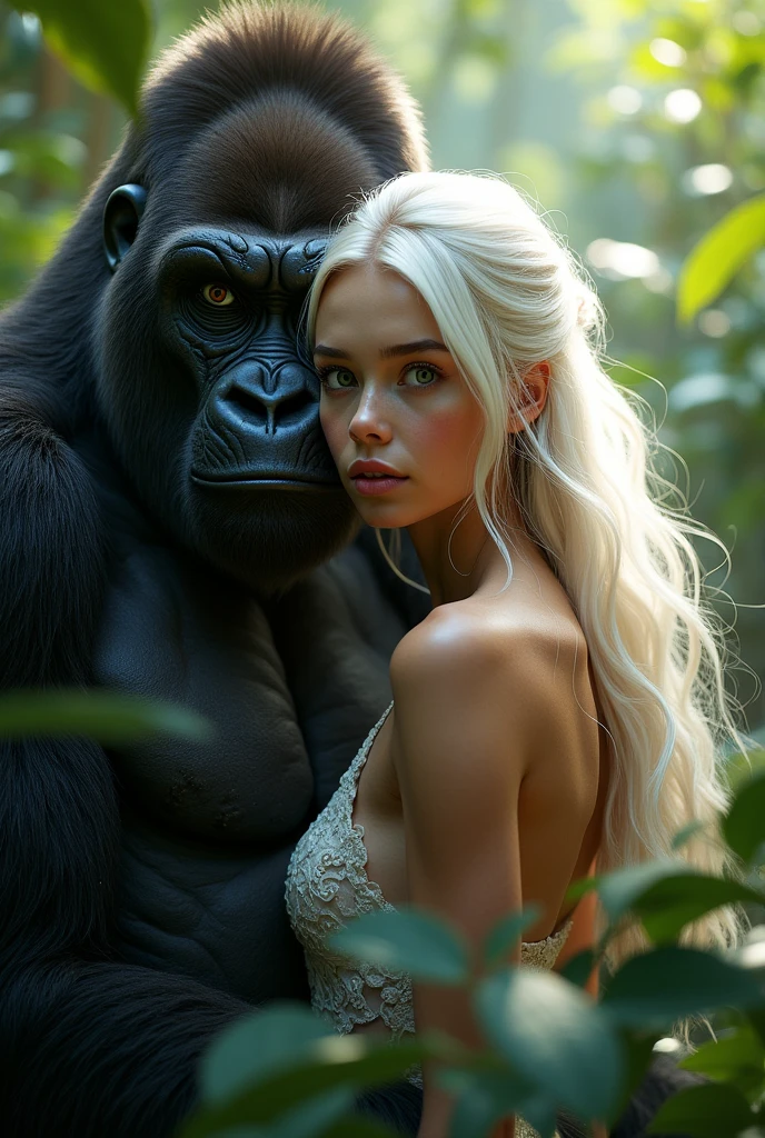 With the face of a beautiful girl with white hair、A muscular black gorilla body