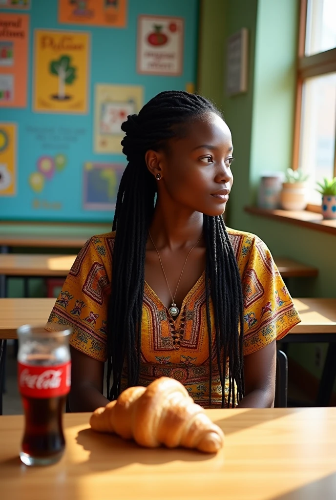 femme africaine a une table avec un croisant et un verre de coca cola dans une salle de classe
