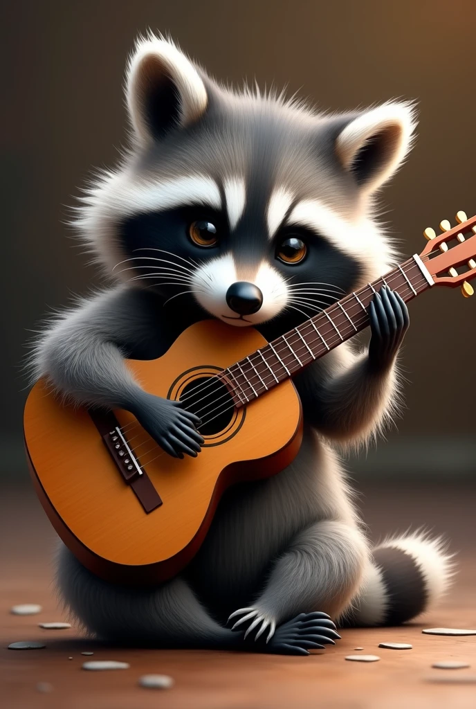 Raccoon sitting on the floor playing guitar (realistic style) only the raccoon with the guitar, without any background or a white gondo