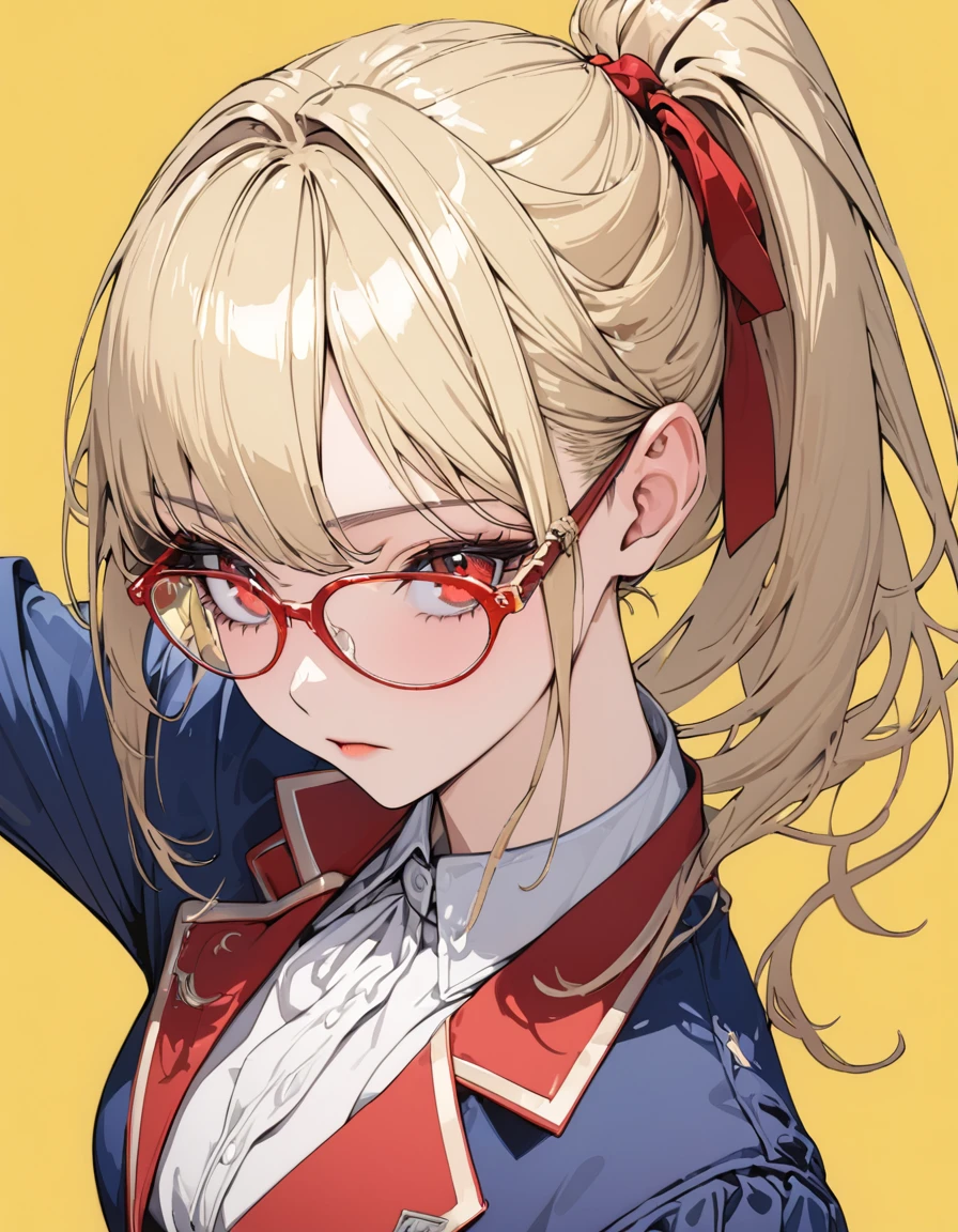 (masterpiece)、(absurdres)、(ultra detailed)、(8k),BREAK,(Bright yellow simple background:1.4),BREAK,(Simple thin glasses),potrait shot,(solo girl)、(blonde hair:1.0)、(shiny red eyes:1.1)、(highponytail:0.9)、(a little red libbon:0.8)、(long hair:0.7)、(fantsy blue blazer),Expressionless,