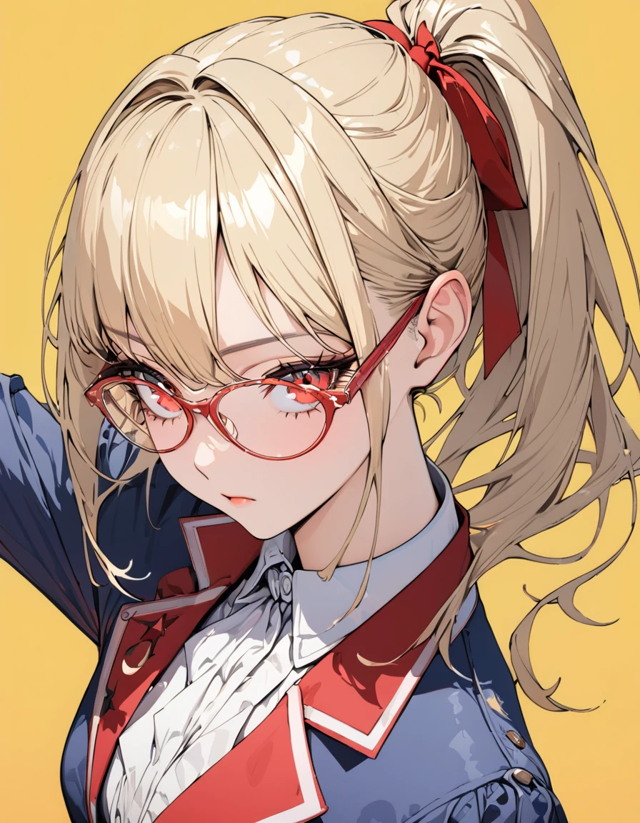 (masterpiece)、(absurdres)、(ultra detailed)、(8k),BREAK,(Bright yellow simple background:1.4),BREAK,(Simple thin glasses),potrait shot,(solo girl)、(blonde hair:1.0)、(shiny red eyes:1.1)、(highponytail:0.9)、(a little red libbon:0.8)、(long hair:0.7)、(fantsy blue blazer),Expressionless,