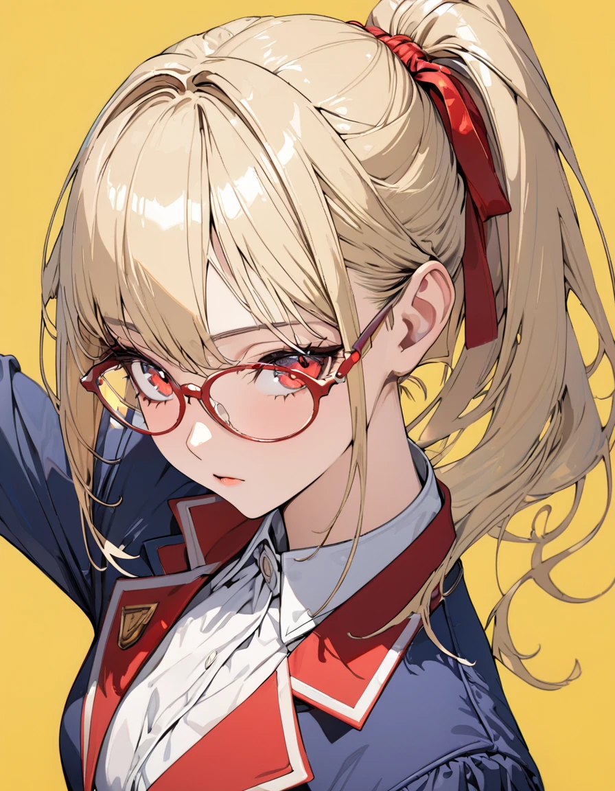 (masterpiece)、(absurdres)、(ultra detailed)、(8k),BREAK,(Bright yellow simple background:1.4),BREAK,(Simple thin glasses),potrait shot,(solo girl)、(blonde hair:1.0)、(shiny red eyes:1.1)、(highponytail:0.9)、(a little red libbon:0.8)、(long hair:0.7)、(fantsy blue blazer),Expressionless,
