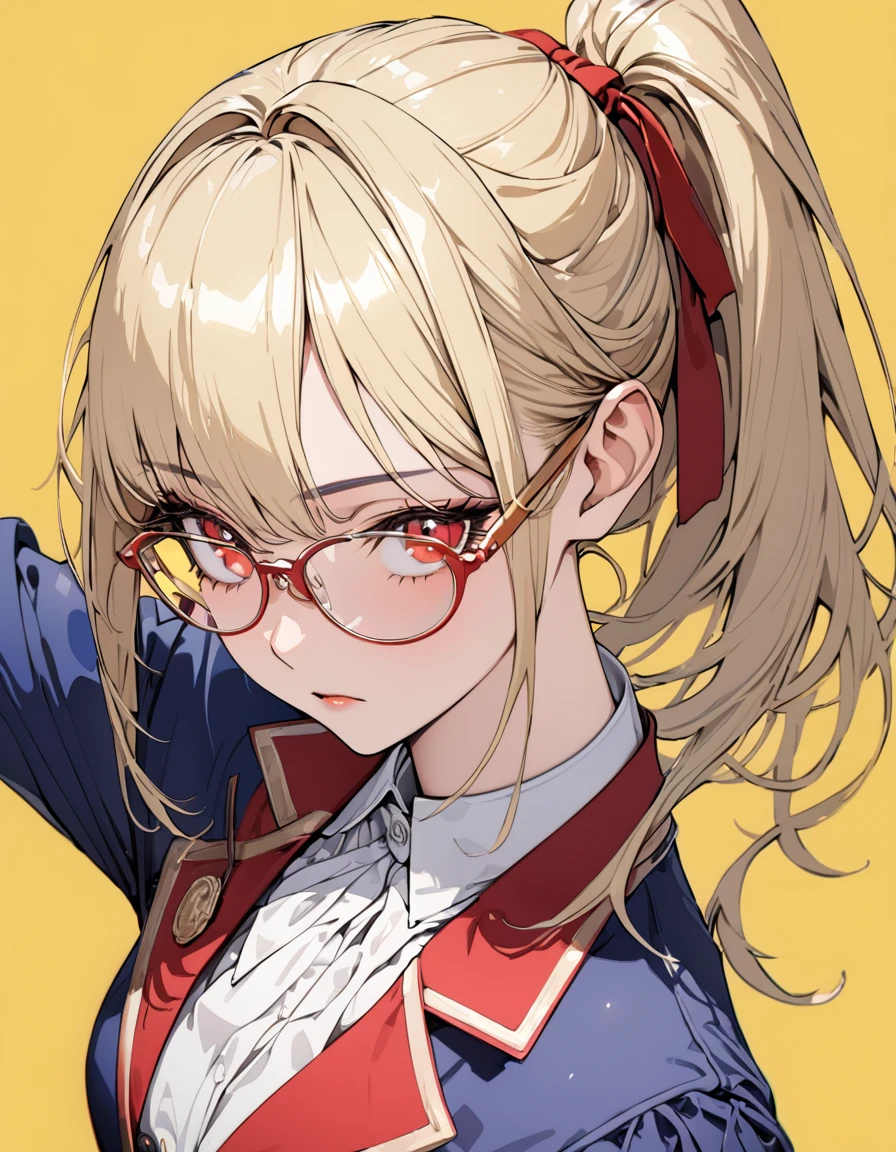 (masterpiece)、(absurdres)、(ultra detailed)、(8k),BREAK,(Bright yellow simple background:1.4),BREAK,(Simple thin glasses),potrait shot,(solo girl)、(blonde hair:1.0)、(shiny red eyes:1.1)、(highponytail:0.9)、(a little red libbon:0.8)、(long hair:0.7)、(fantsy blue blazer),Expressionless,