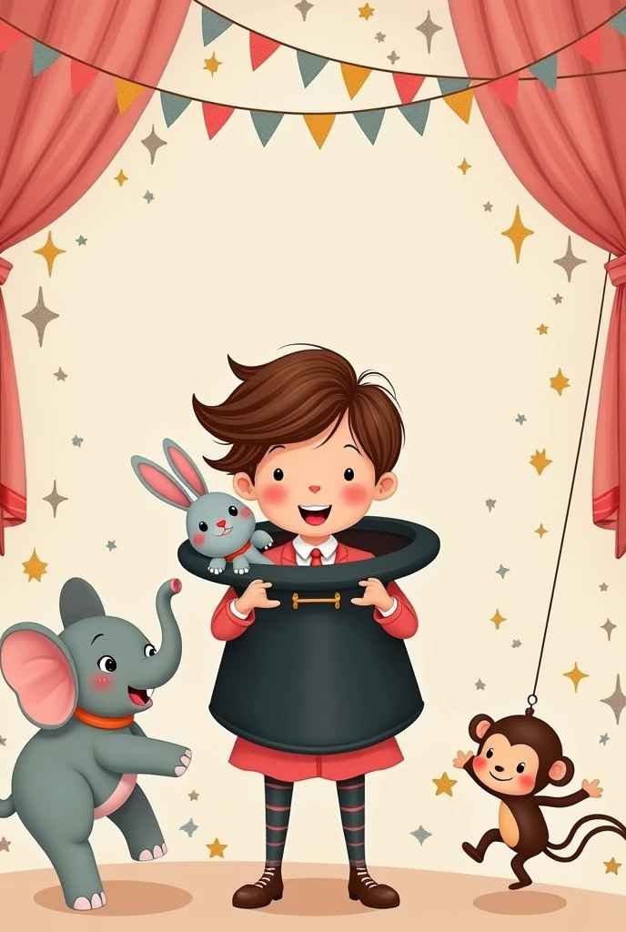 circus invitation with light pink color with a  with brown hair with a rabbit in a top hat, a little elephant, a little monkey