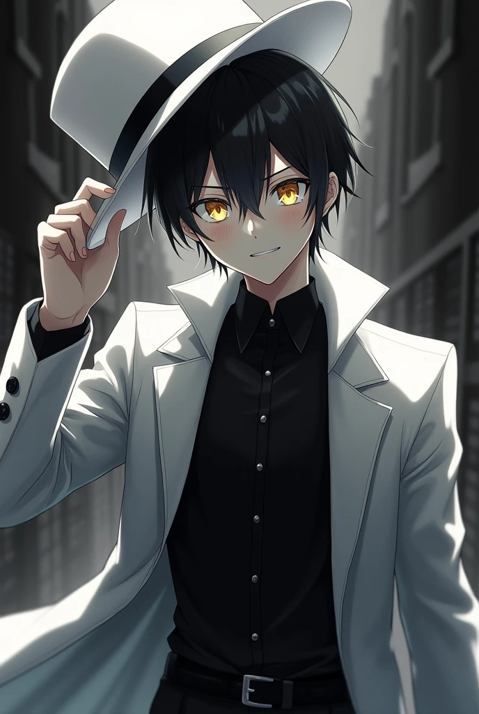 (8k, best quality, masterpiece:1.2), (anime style, black and white style), RAW photo, best quality, ultra high res, best shadow, (full body:1.4), A guy with yellow eyes smiling, in a black shirt, white hat, and white coat horror, highly detailed facial features, perfect eyes one hand holds hat.