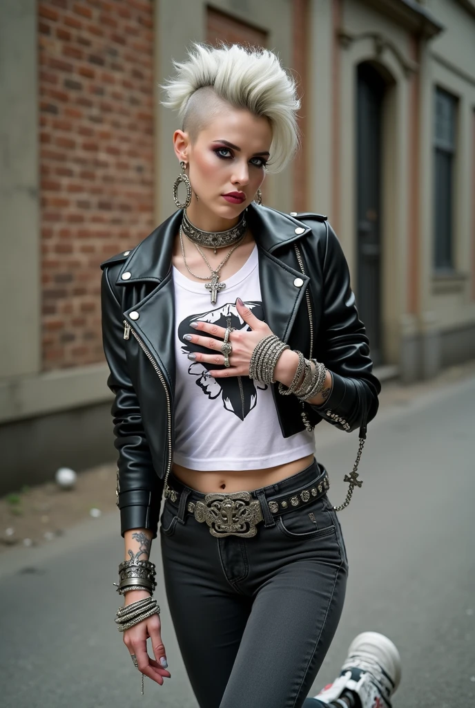 russian milf woman, biker gang member, grey hair (pompadour with shaved sides), with very light blue eyes, extremely pale, heavy eye shadows. Thin. Sad face, smeared excessive make up and lipstick Wearing black moto jacket, cropped t-shirt with devil logo, skinny black jeans and white tennis sneakers . Lots of metallic bracelets and inverted crucifix pendants. Tacky leather belt with oversized, excessive silver buckle. Touches her heart.  kneeling in the street, eyes and mouth open . Wide loop earrings