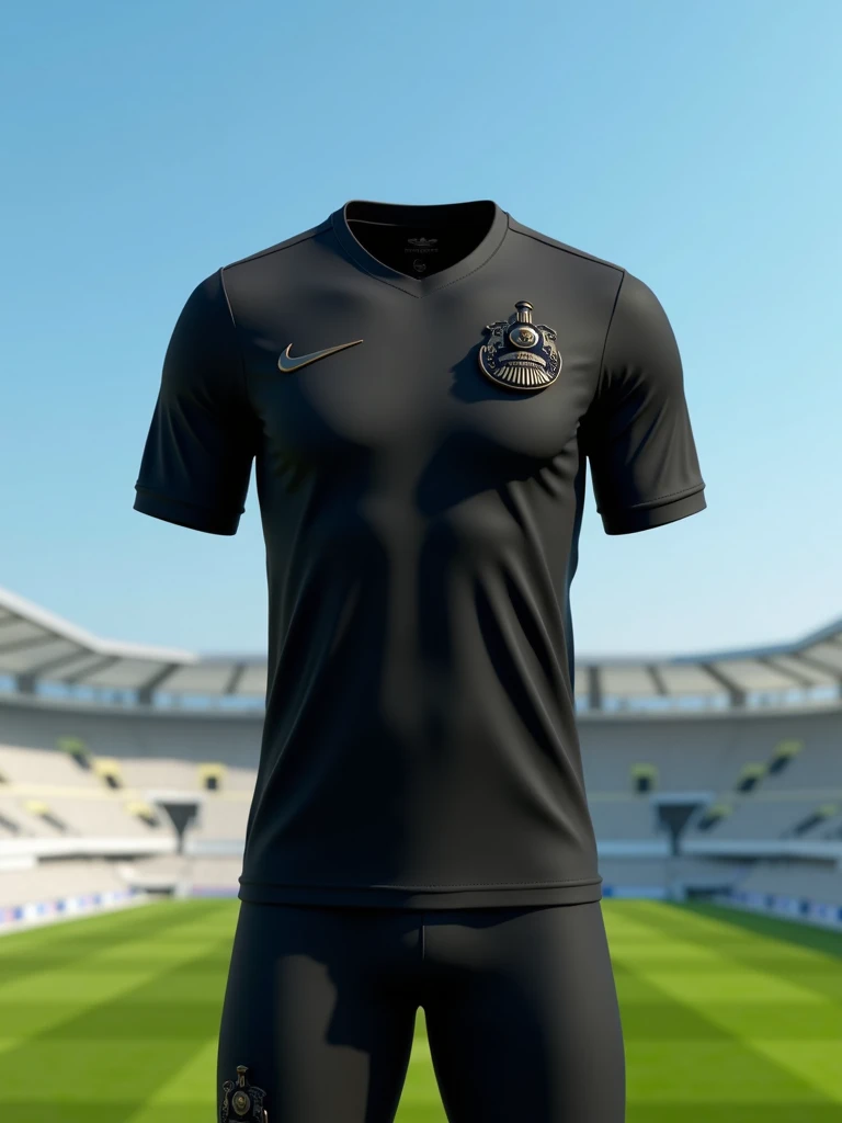 A minimalist all-black soccer team uniform, A symbol of a train seen from the front in high relief on the right side of the chest