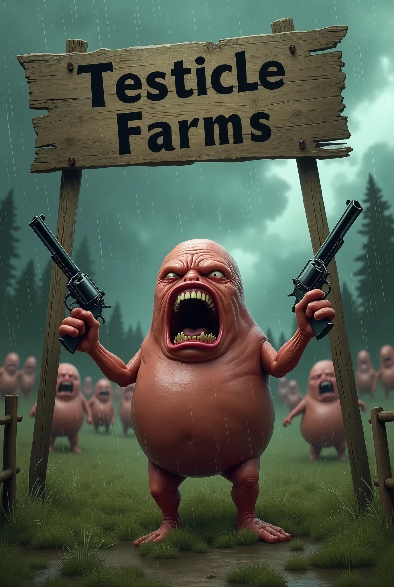 ((Absurdist Dark Humor:1.3)), a surreal and bizarre scene set in a gloomy, rainy farm environment, featuring anthropomorphic testicles with angry expressions, one in the foreground holding two revolvers, screaming towards the sky, while standing beneath a large wooden sign that reads "TesticLe Farms!", with other similar characters scattered in the background, their faces expressing various emotions of distress and rage, the entire scene is imbued with a darkly comedic tone, blending the grotesque with the ridiculous, ((moody and overcast lighting:1.2)) enhancing the absurdity, ((UHD:1.5)), ((high details:1.6)), ((masterpiece:1.7)), by Mark Ryden, Zdzisław Beksiński, Ralph Steadman, and Alex Pardee BREAK ((medium shot:1.2)), slightly low angle, ((grim and surreal atmosphere:1.3)), detailed textures on the characters' skin and the wet grass, creating a vivid and unsettling visual experience, ((dark, muted color palette:1.2))