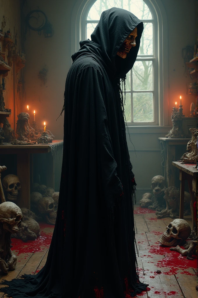 Create a profile picture for a necrotrap artist with a really disgusting figure in all black and gore 