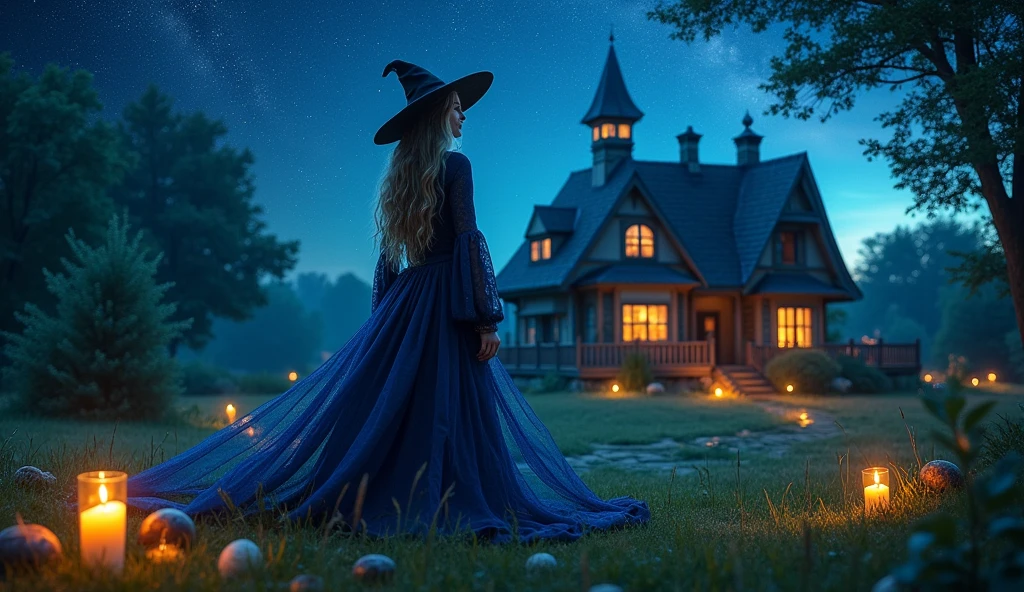 A beautiful witch in front of a house in the middle of the field, a beautiful starry night with a beautiful place, on the ground some candles and objects