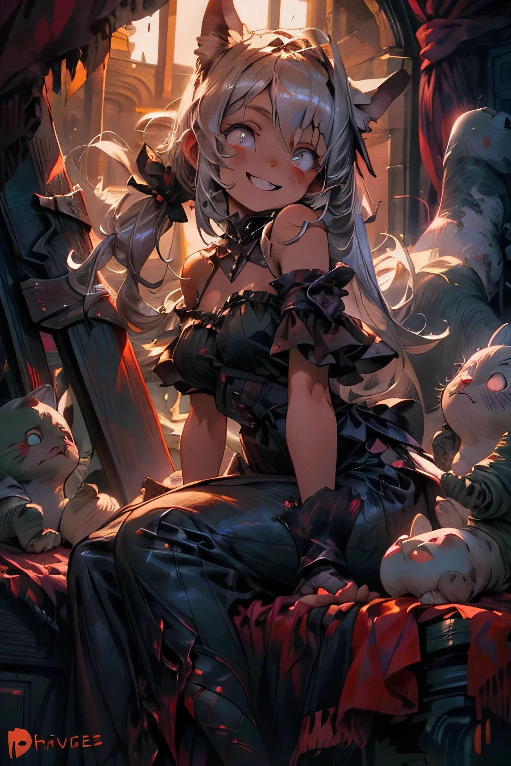 masterpiece, best quality, cute, kawaii, 1 girl,???,solo,silver brite hair,pony tail hair,golden shining eyes,smile face,colorless,gothic dress,bloody dark room,in the castle,you can see the castle from the window too,night,red moonlight,
