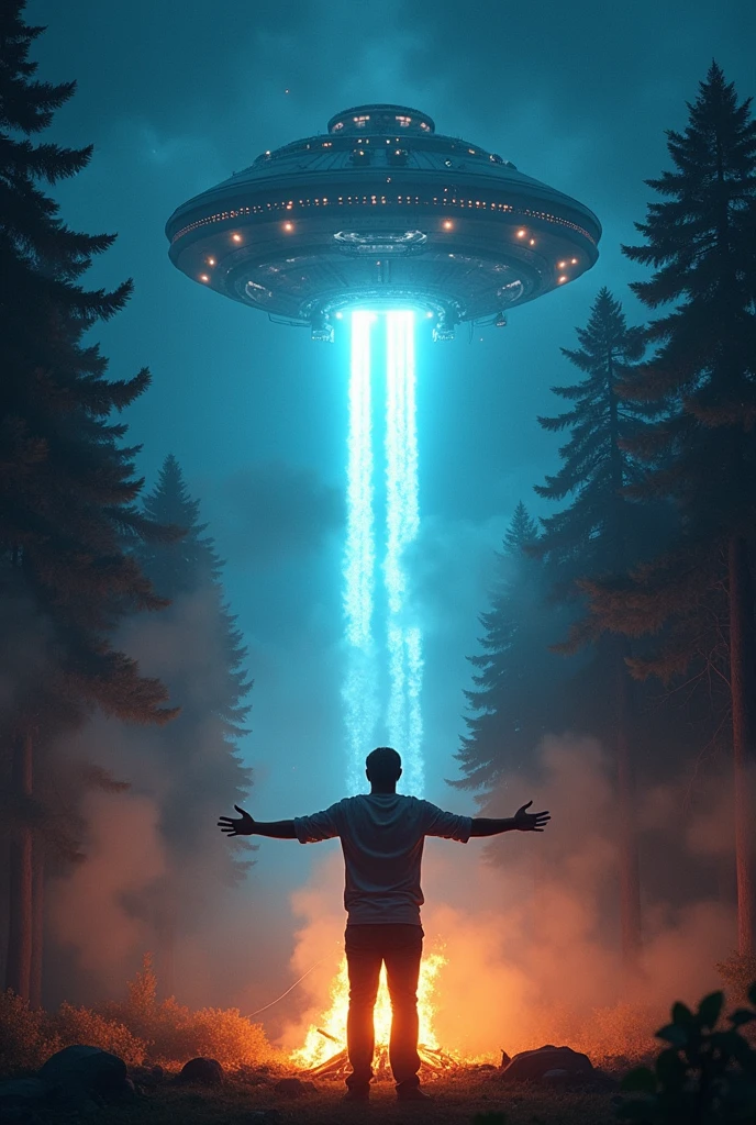 A man with open arms, enveloped in a bluish aura, stands before a bonfire, gazing at the sky. He sees a giant spaceship that fires a beam of light onto him, illuminating everything around and setting the surrounding trees ablaze.