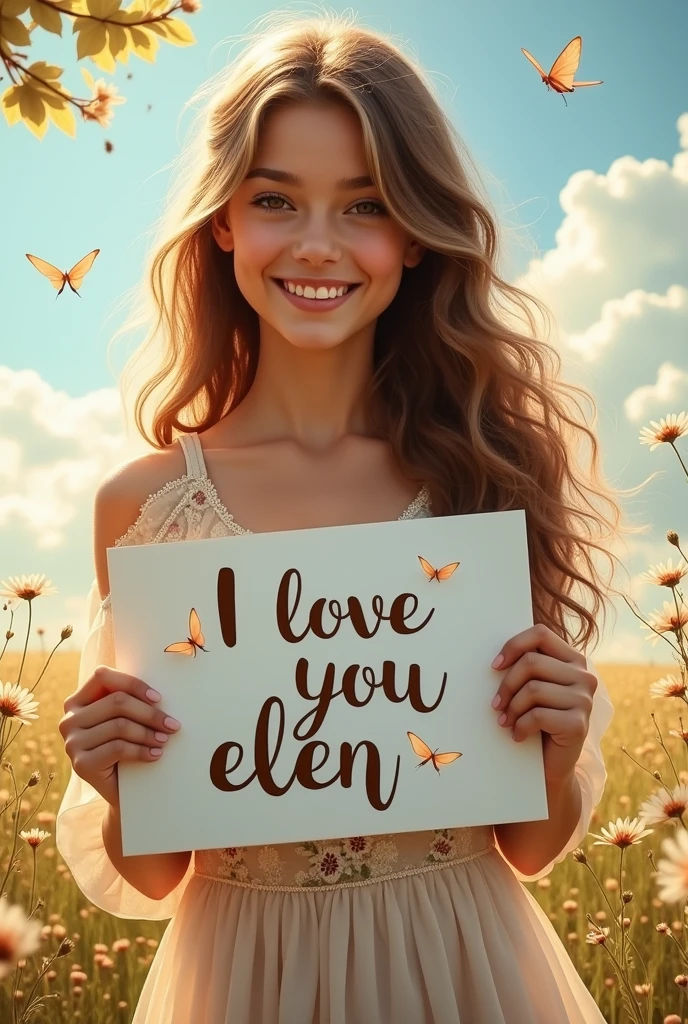 Beautiful girl with wavy long hair, bohemian dress, holding a white board with text "I Love you elen" and showing it to the viewer