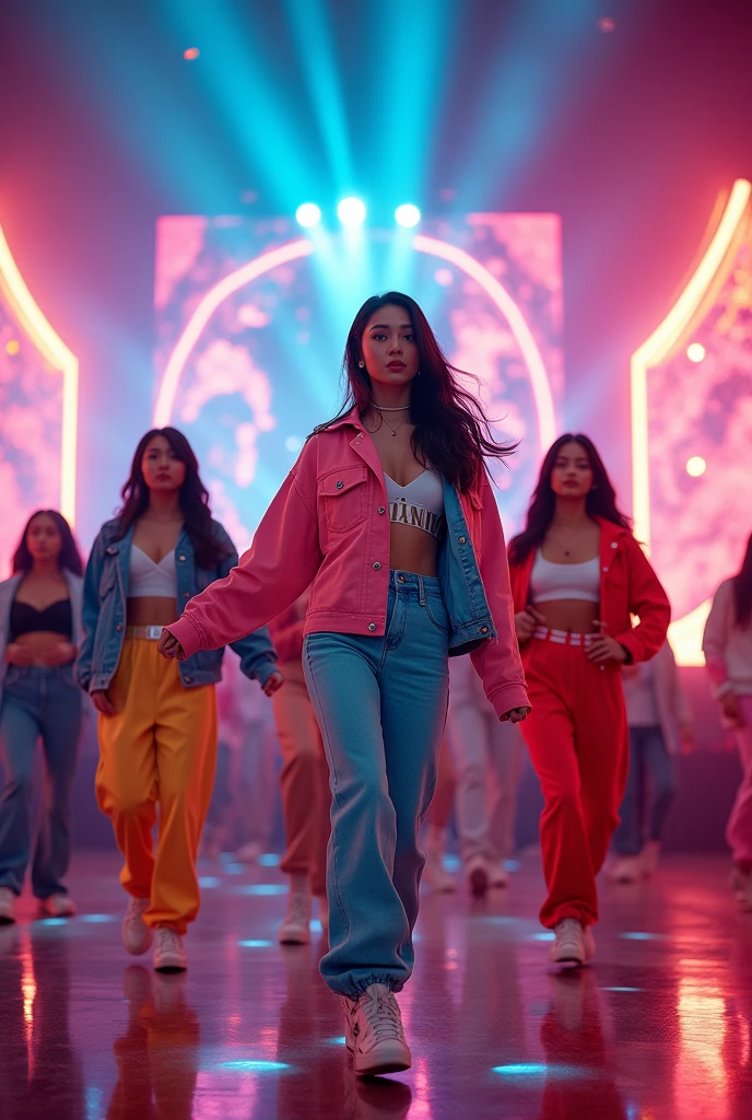 multi angle,realistic,8k,Beautiful multiple hiphop asian dance team girls, rock dancers estilo love dance team live, dancing and singing for her fans at the stadium