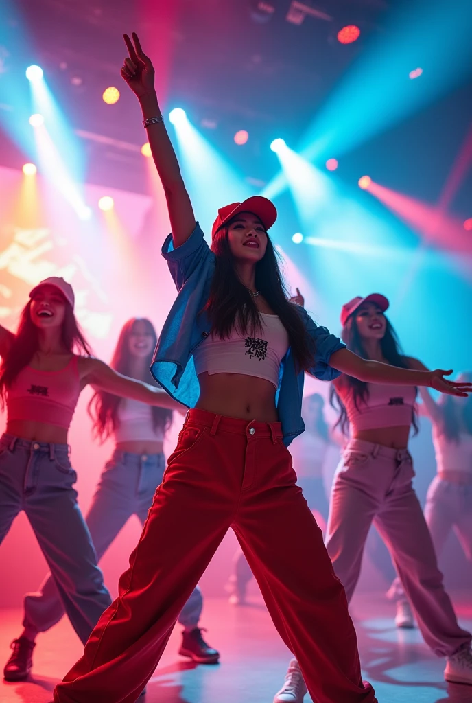 multi angle,realistic,8k,Beautiful multiple hiphop asian dance team girls, rock dancers estilo love dance team live, dancing and singing for her fans at the stadium