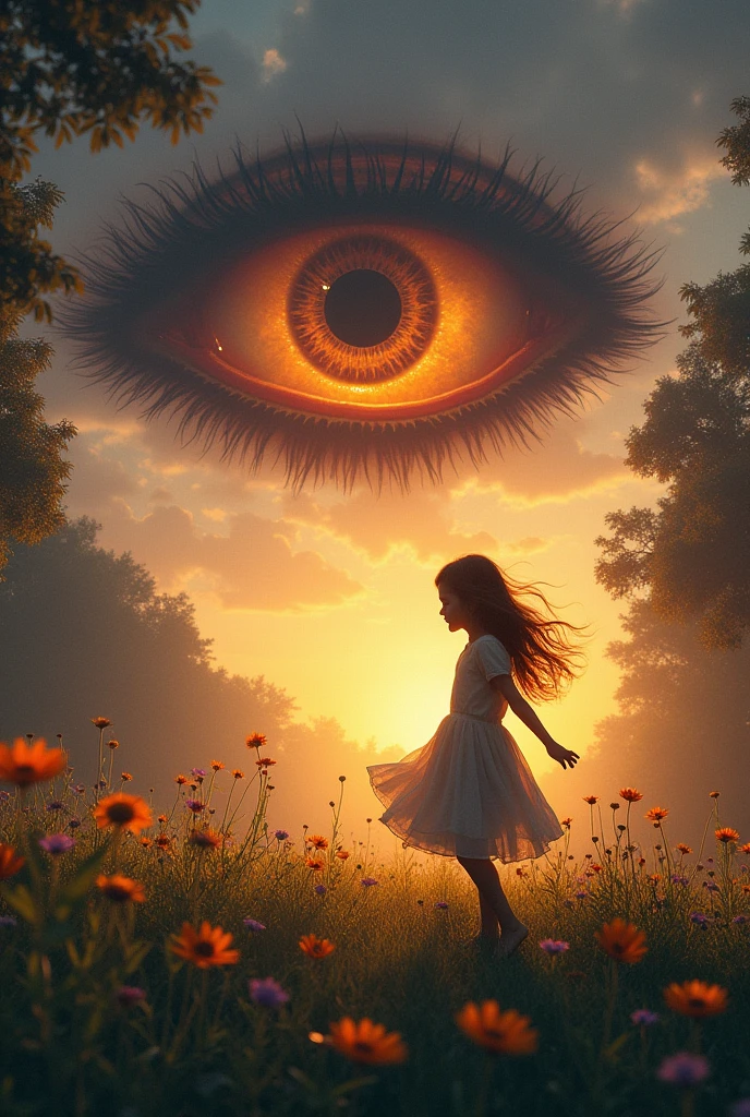 Evil spirit in the form of an eye watching a girl in a meadow
