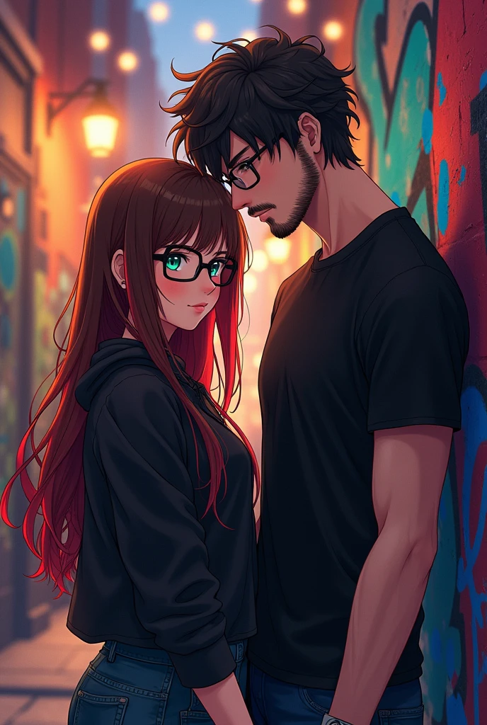 anime couple with anime woman with long brown hair with red peekaboo hair underneath her hair is parted in the middle with blue/green colored eyes and black glasses and emo outfit with an anime man with really short hair and green eyes and a beard with a black t-shirt and jeans.