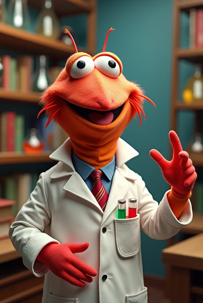 Create an image of the character Pepe in a realistic Muppets puppet style wearing a white lab coat.