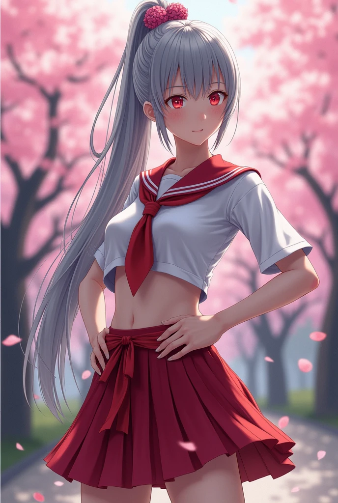 A sexy beautiful student girl,, big breasts, grey hair colours, hair tied up flower, long hair, sexy japan uniform school, mini skirt, show stomach, warrior like outfit