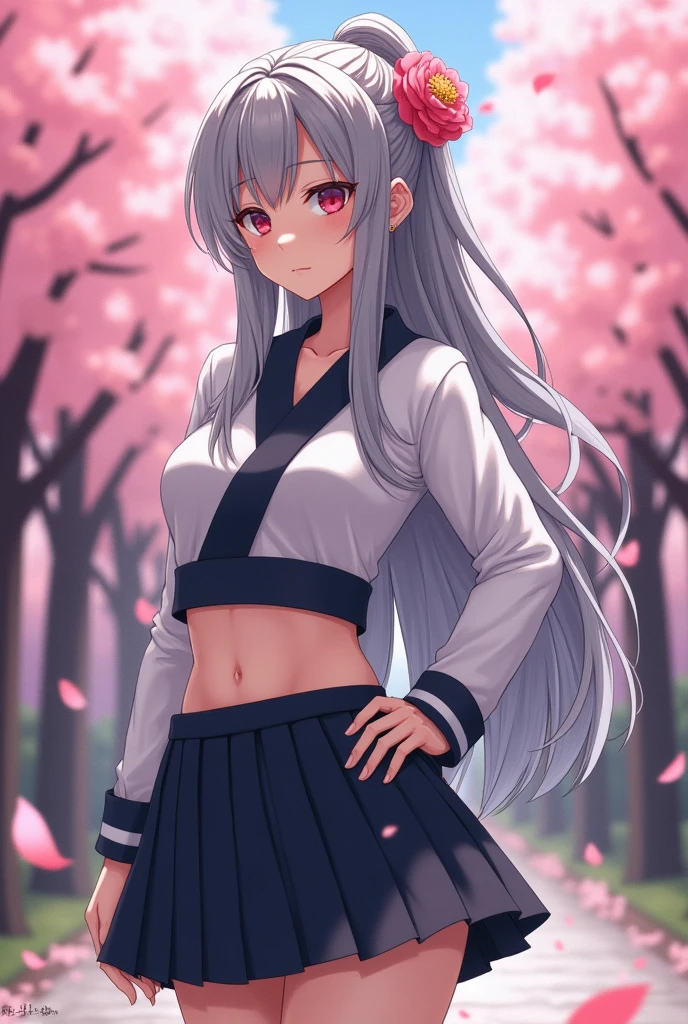 A sexy beautiful student girl,, big breasts, grey hair colours, hair tied up flower, long hair, sexy japan uniform school, mini skirt, show stomach, warrior like outfit