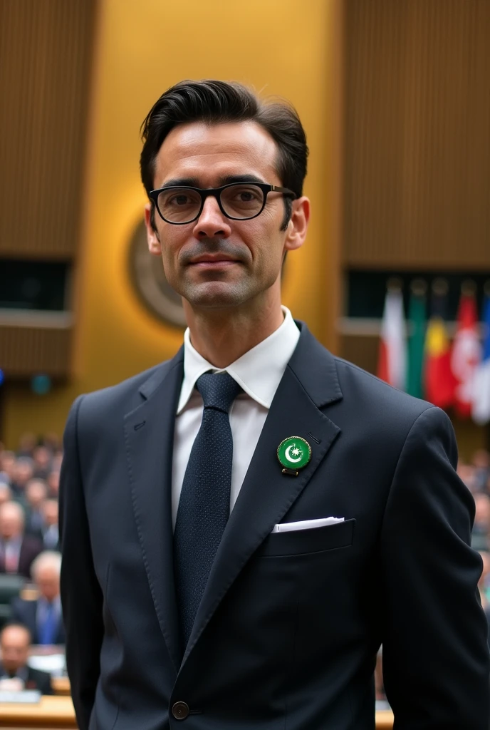 Create an Image of a male diplomat in Invited Nations, representing Pakistan
