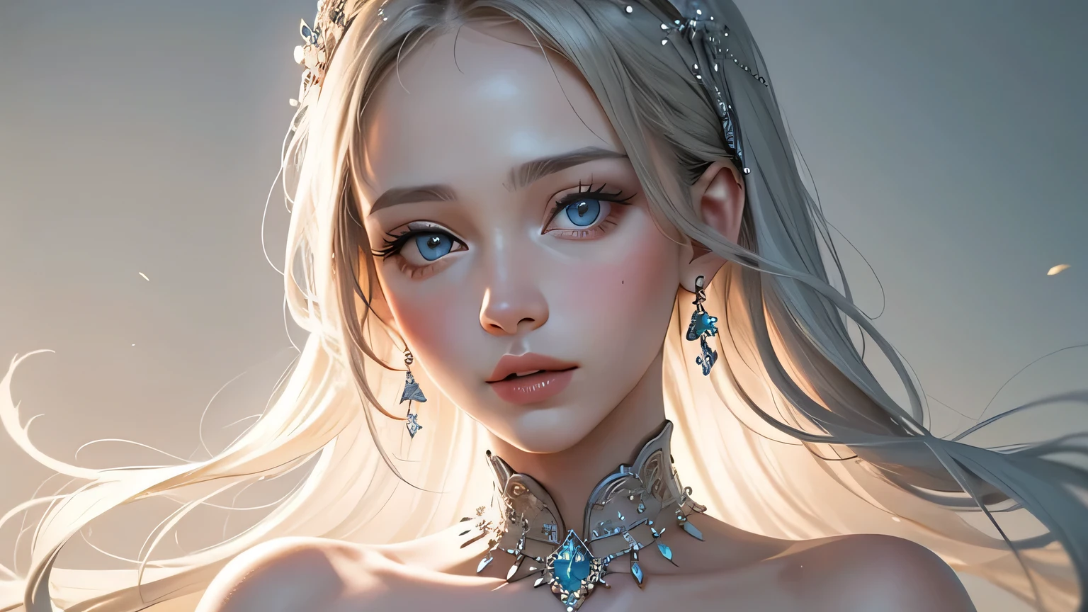 Create a highly detailed and hyper-realistic fantasy portrait of a stunningly beautiful young woman with flawless, porcelain-white skin and delicate, elegant features. Her large, captivating blue eyes should be framed by long, flowing white hair, styled elegantly and adorned with intricate blue and silver jewels and delicate white flowers. Her expression should be soft and serene, with a slight blush on her cheeks to enhance her youthful appearance. The art style should closely resemble the hyper-realistic and finely detailed aesthetic seen in the works of artists like WLOP, focusing on smooth, soft shading and intricate details in both the face and jewelry. The background should be dark and minimalistic to accentuate her ethereal beauty, ensuring the overall composition is elegant and captivating.
