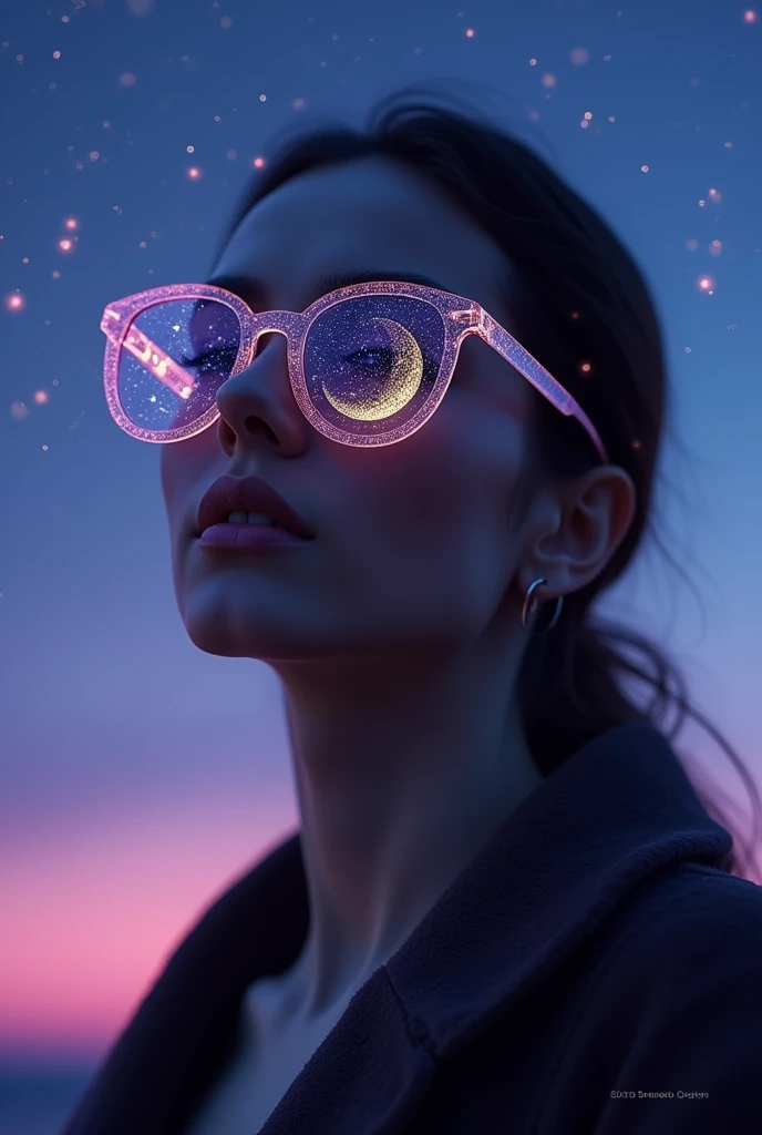 The model is wearing glass sunglasses with stars and the moon on the glass