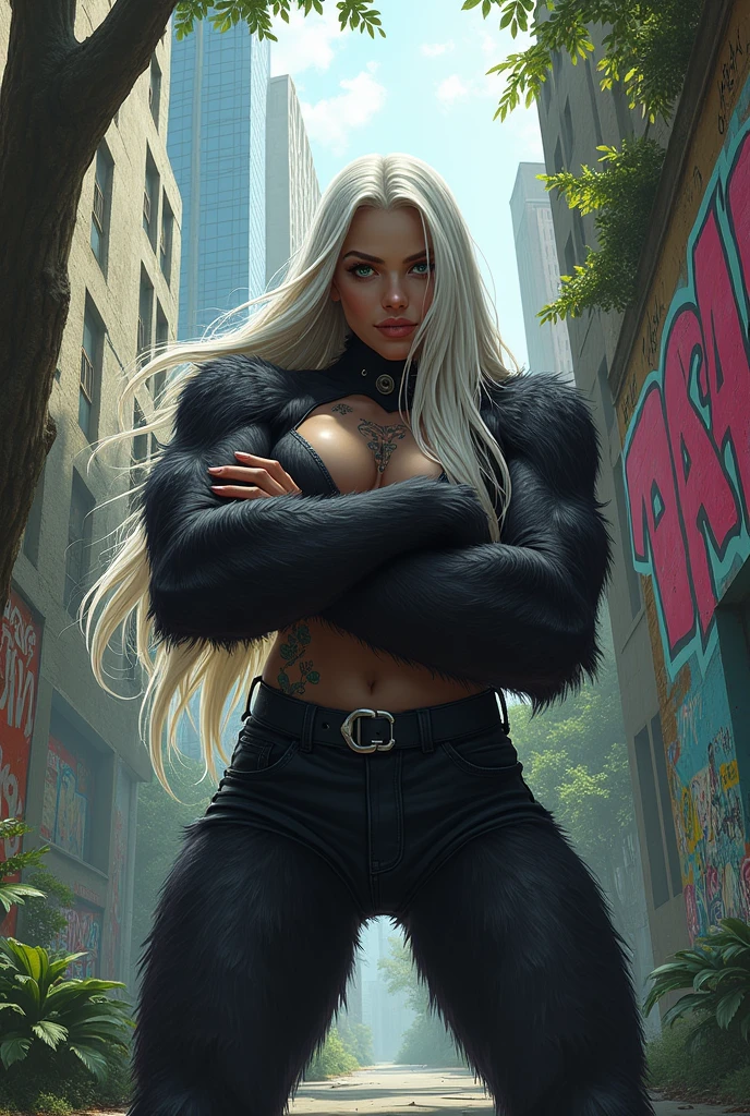 She has white hair, the face of a beautiful girl, and the body of a muscular black gorilla.