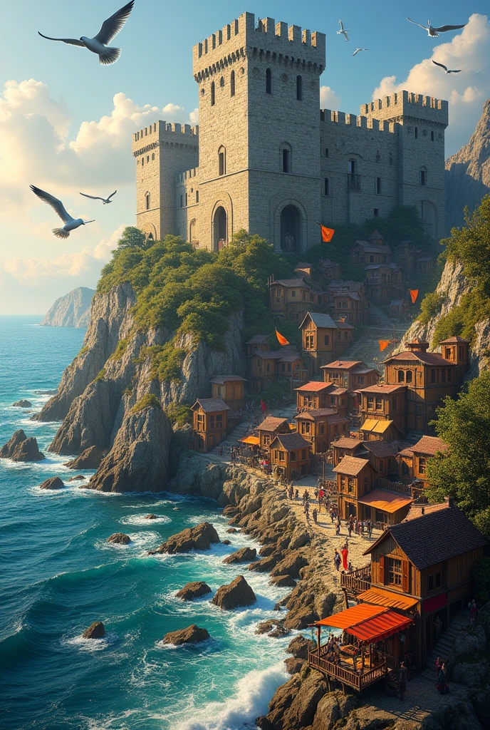 Beautiful and large medieval castle , surrounded by a large wall , inside there is a citadel with many cabins and businesses , this is located near the edge of the sea