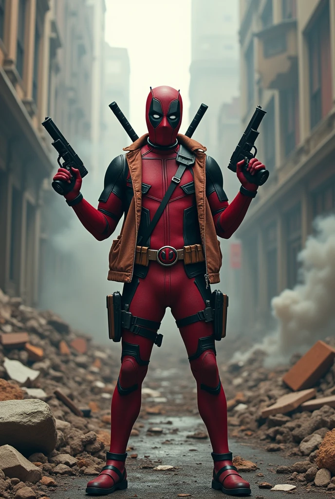 (photorealism:1.2), Full-body Deadpool wearing a Sanrio Cinnamorol jacket shooting with both hands in a destroyed city