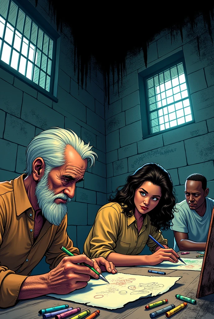 Une page de bande dessinée sur la prison avec des personnages qui dessinent dans leurs cellules