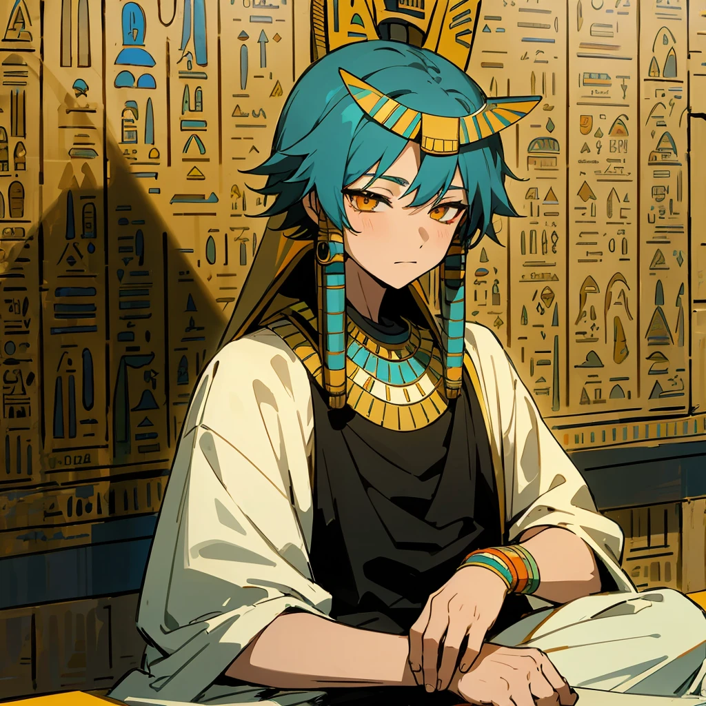 1 boy, Turquoise hair, orange eyes, Arabian style, handsome, , orange eye liner, soft smile closing eyes, ancient Arabic clothes, Arabian nights, ((((Egyptian style)))), solo