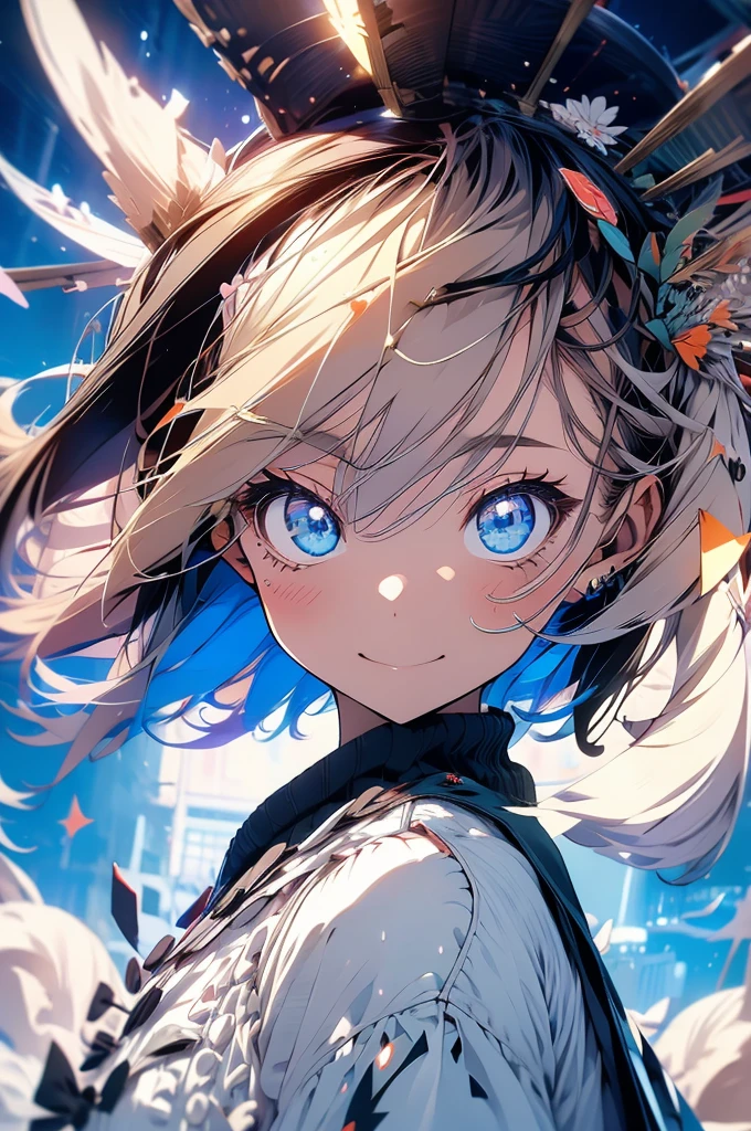 masterpiece, best quality, ultra detailed, insanely detailed, hyper detailed, woman, smiling, walking, looking at viewer, brown eyes, jitome, detailed face, light brown skin, tall, slender, sweater, shorts, teenager, japanese, outside, on the street, with shooting stars, in the evening, with rain, cel anime, sharpen, blue, ahoge, semi long, blue eyes, green background, medium shot, intense wide shot, glad, with fox ears, mole, blond