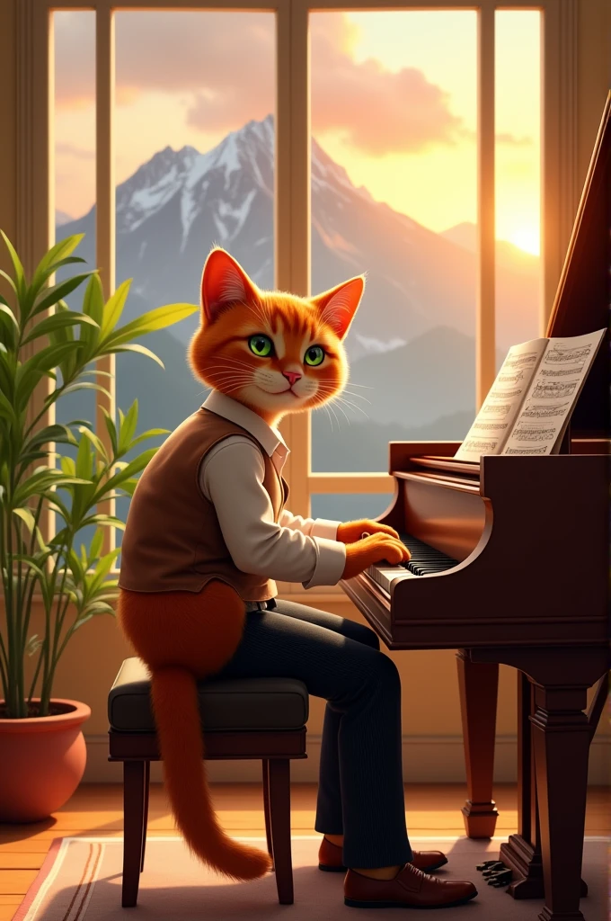Orange cat playing piano in front of a window overlooking the dream mountain,He's dressed in urban clothes, more formal,is a pianist cat...