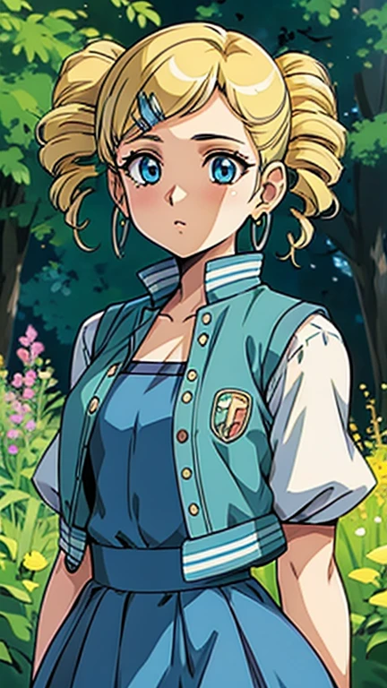 (1girl, ppgzbb), (extremely detailed CG unit 8k wallpaper),(master part), (best quality), (ultra detail), (best illustration),(urushisato), cowboy shot, (Sharp eyeliner, ombre, detailed eyes:1), garden, outdoors ,GHIBLI_Background, break , upper body,(blue eyes, blonde hair, twin drills, hairclip, earrings, vest, blue skirt, short skirt), standing,