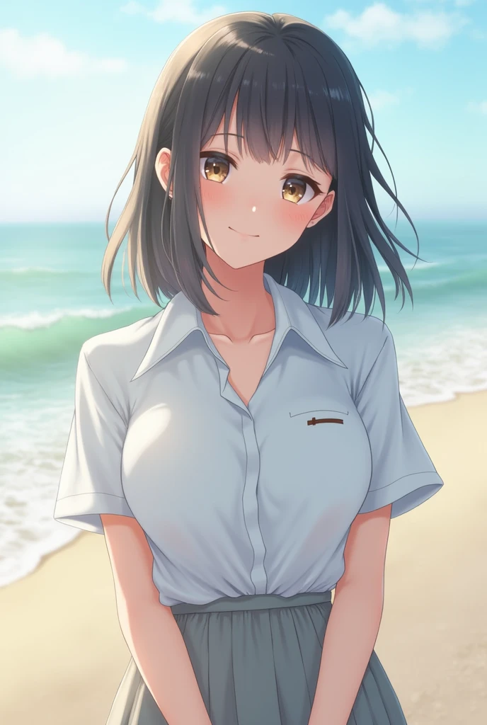 ((Highest quality)), ((masterpiece)), (detailed), Perfect Face,2 Japanese women,Teenager without makeup,Full body standing,Clean up to the toes,Huge breasts:1.3,Huge breasts:1.3,High bust top:1.3,Hard, Round Breasts:1.3,White shirt,Long skirt,((No Pat,Very good)),Bright smile,Soft sunlight on the beach,Thematic Depth,Clear focus,Natural and soft light,