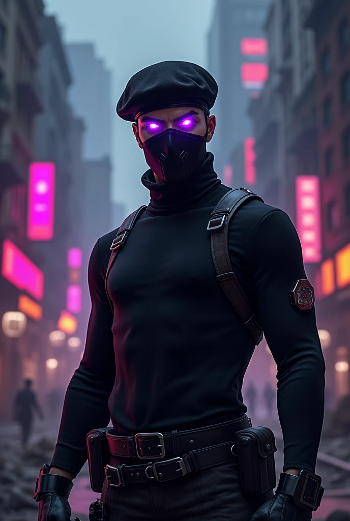 A male character from Free Fire, wearing a black beret, a mask, black turtleneck shirt, with a purple aura emanating from their eyes