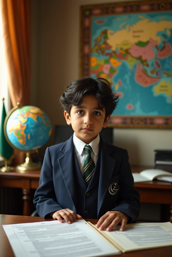 Create an Image of a young boy, working for Pakistan Foreign Services and keen to represent it's country in United Nations
