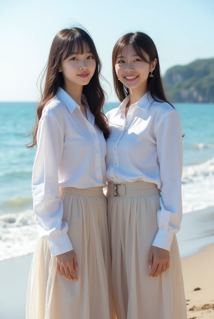 ((Highest quality)), ((masterpiece)), (detailed), Perfect Face,2 Japanese women,Teenager without makeup,Full body standing,Clean up to the toes,Huge breasts:1.3,Huge breasts:1.3,High bust top:1.3,Hard, Round Breasts:1.3,White shirt,Long skirt,((No Pat,Very good)),Bright smile,Soft sunlight on the beach,Thematic Depth,Clear focus,Natural and soft light,Port Girls