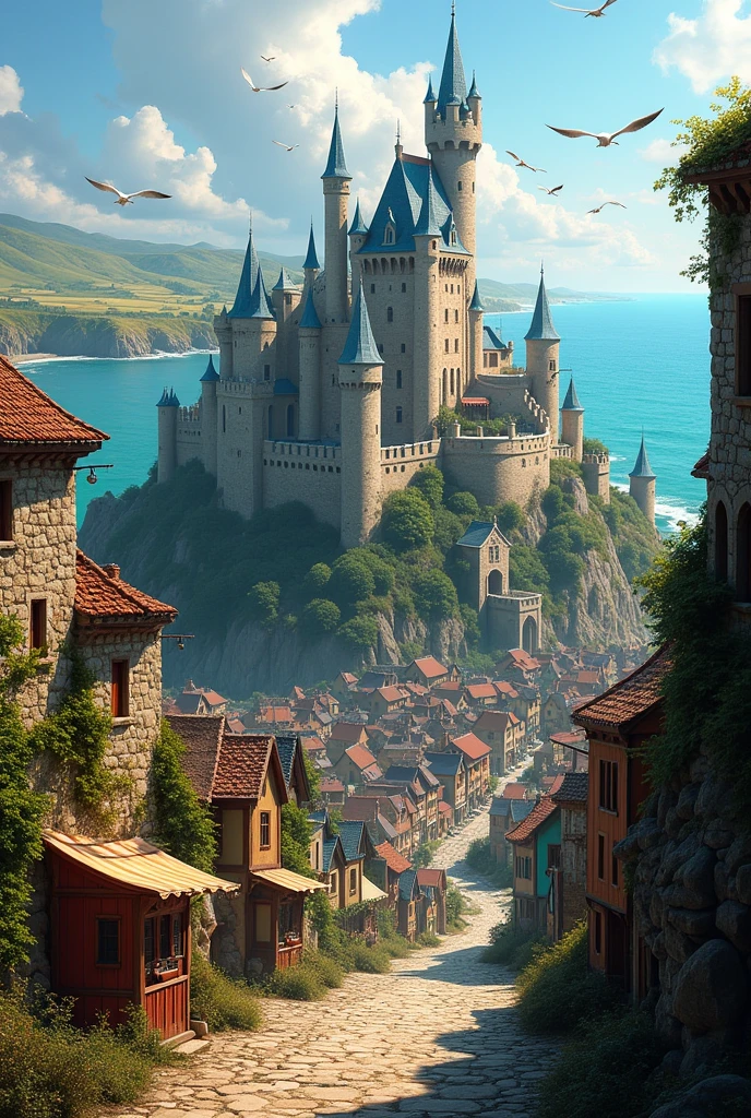 Beautiful and large medieval castle , surrounded by a large wall , inside there is a citadel with many cabins and businesses , this is located near the edge of the sea