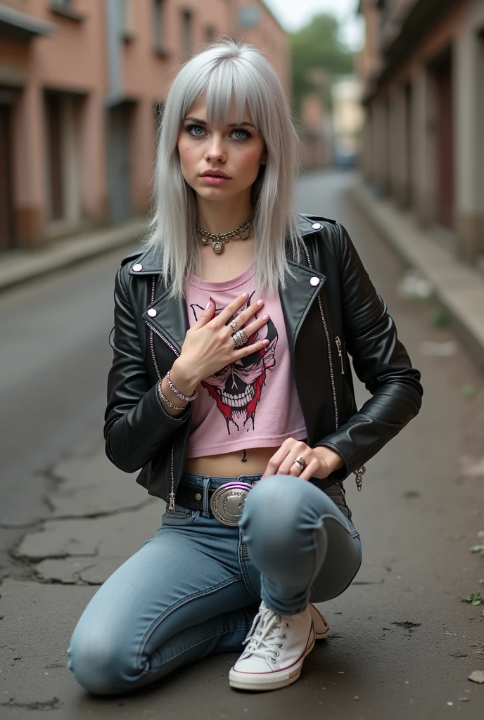 russian milf woman, biker gang member, grey hair (straight, thick, middle part), with very light blue eyes, extremely pale, heavy eye shadows. Thin. Sad face, smeared excessive make up and lipstick. Wearing black moto jacket, cropped t-shirt with devil logo, skinny blue jeans and white tennis sneakers . Lots of metallic bracelets. Tacky leather belt with oversized, excessive silver buckle. Touches her heart.  kneeling in the street, eyes and mouth open . Wide loop earrings