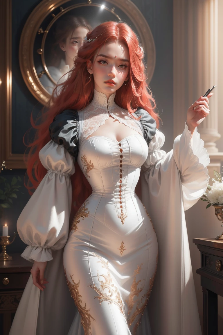 { - anatomy error}(Masterpiece - Ultra-detailed, very high resolution) Prepare to be enchanted by a true masterpiece that combines ultra-detailed art with high-resolution rendering. This work depicts a mesmerizing woman with long red hair (1.3) and captivating gray eyes (1.2), emanating an aura of elegance and mystery in Victorian environments. Intricate details and realistic textures invite you to explore every aspect of this enchanting composition.. Woman wearing a beautiful classic Victorian dress from 1878. Red lips. happy face. smiling. off white (off white) don. falando no telefone, dynamic poses. Get ready to dive into a world where beauty and craftsmanship merge perfectly.