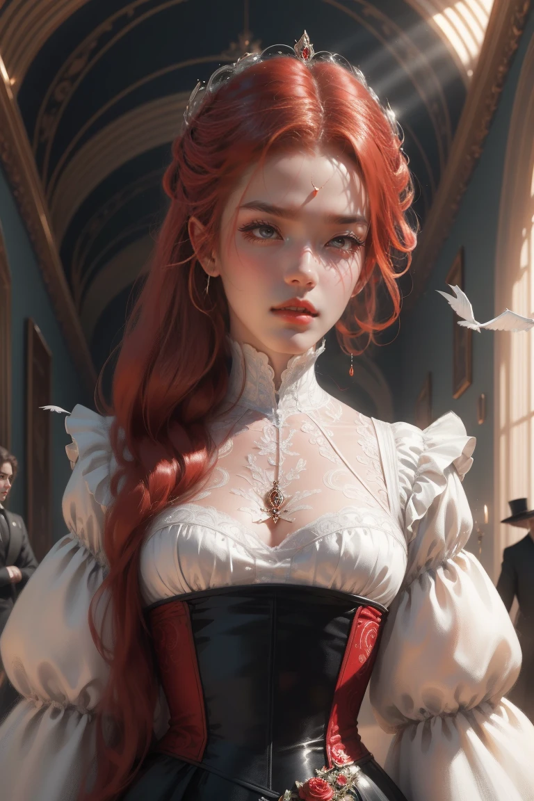 { - anatomy error}(Masterpiece - Ultra-detailed, very high resolution) Prepare to be enchanted by a true masterpiece that combines ultra-detailed art with high-resolution rendering. This work depicts a mesmerizing woman with long red hair (1.3) and captivating gray eyes (1.2), emanating an aura of elegance and mystery in Victorian environments. Intricate details and realistic textures invite you to explore every aspect of this enchanting composition.. Woman wearing a beautiful classic Victorian dress from 1878. Red lips. happy face. smiling. off white (off white) don. falando no telefone, dynamic poses. Get ready to dive into a world where beauty and craftsmanship merge perfectly.