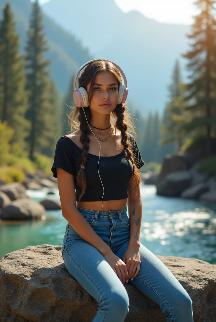 Best quality, masterpiece, Beautiful, young persian woman, she wears a headphone and is enjoying the music . looking straight at viewer wearing long jeans and half sleeve top, river and mountain landsape, sitting on rock, . teen age, detailed face, detailed body, symmetric face, cute face, dynamic pose, perfect anatomy, tattoed hands, photorealistic, soft slim belly, curvy body, braid hair, 8k, ultra realistic, detailed background, nature, god rays, ambient occlusion