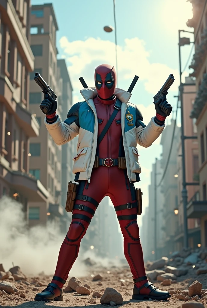 (photorealism:1.2), Full-body Deadpool wearing a white and blue Sanrio Cinnamoroll jacket, shooting with both hands in a destroyed city