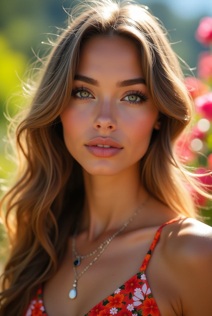 A beautiful girl, hair over the shoulder, clear eyes, smooth hair, exquisite and perfect facial features, the most beautiful big eyes, long eyelashes, sweet eyes with lying silkworms, pout, dynamic angle, ultimate picture quality, the highest precision, accurate and perfect human body, necklace, bust, close-up, outdoors, background is flowers and plants, long shot,